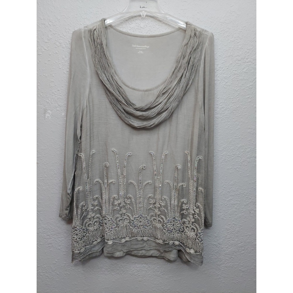 Soft Surroundings Beaux Arts Top Womens XL Gray Crinkle Silk Chiffon Sequins